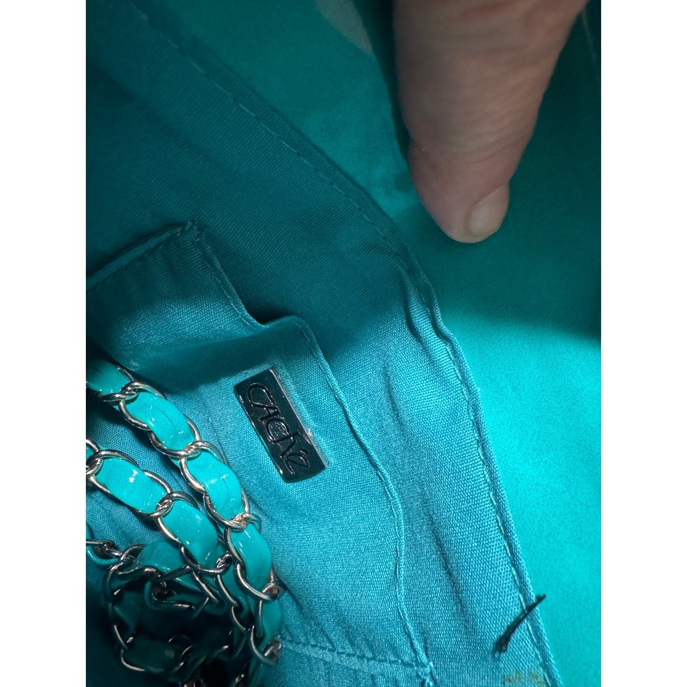 VTG Cache Turquoise Teal Patent Envelope Clutch Bag Silver Chain Strap Turn Lock - Picture 2 of 5